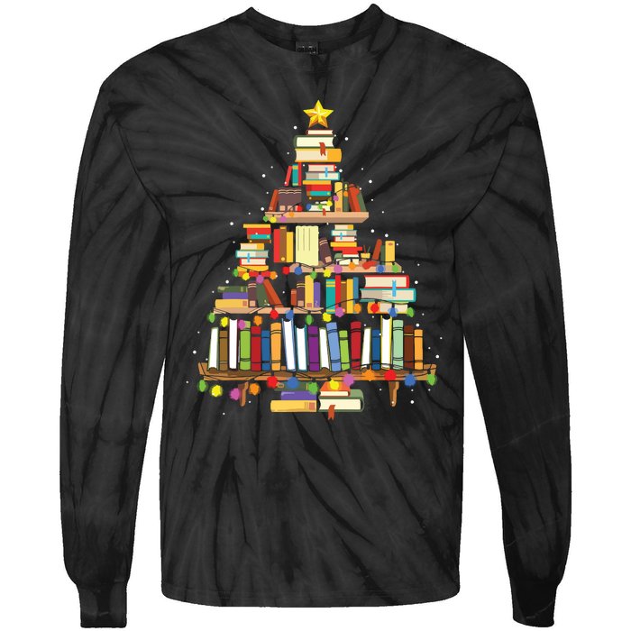 Christmas Library Tree Gift For Librarian And Book Lover Tie-Dye Long Sleeve Shirt