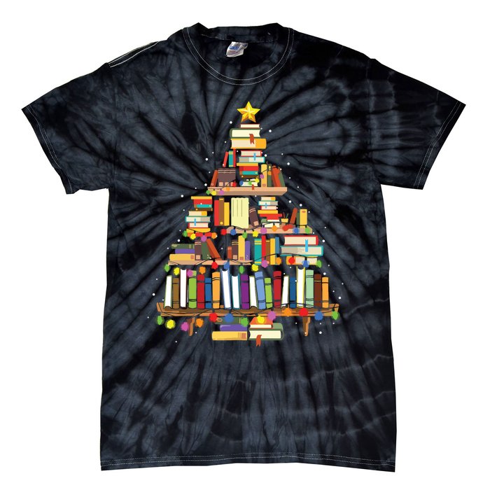 Christmas Library Tree Gift For Librarian And Book Lover Tie-Dye T-Shirt