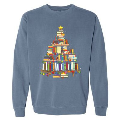 Christmas Library Tree Gift For Librarian And Book Lover Garment-Dyed Sweatshirt