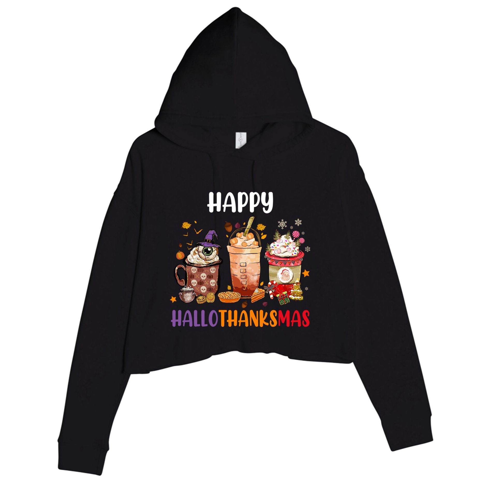 Coffee Latte Thankgiving Funny Happy Hallothanksmas Great Gift Crop Fleece Hoodie