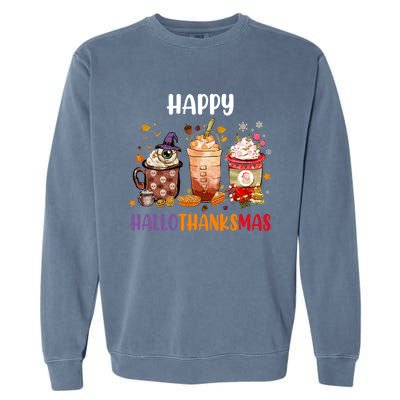 Coffee Latte Thankgiving Funny Happy Hallothanksmas Great Gift Garment-Dyed Sweatshirt