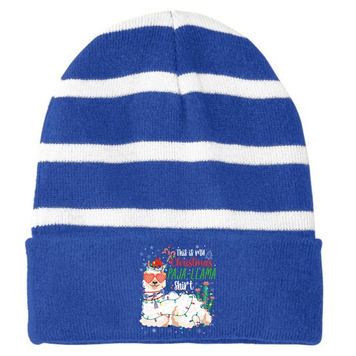 Christmas Llama This Is My Christmas Pajama Funny Gift Striped Beanie with Solid Band