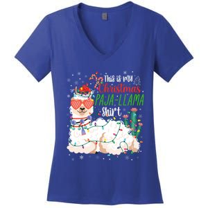 Christmas Llama This Is My Christmas Pajama Funny Gift Women's V-Neck T-Shirt