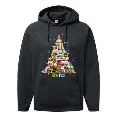 Christmas Library Tree Lights For Librarian And Book Lover Performance Fleece Hoodie