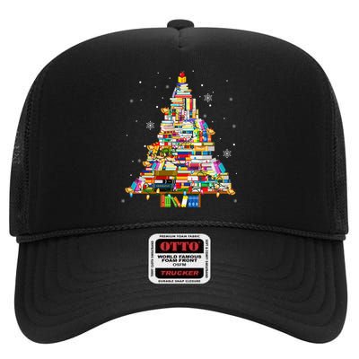 Christmas Library Tree Lights For Librarian And Book Lover High Crown Mesh Back Trucker Hat