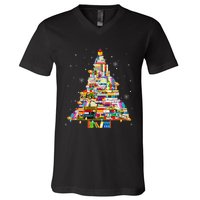 Christmas Library Tree Lights For Librarian And Book Lover V-Neck T-Shirt