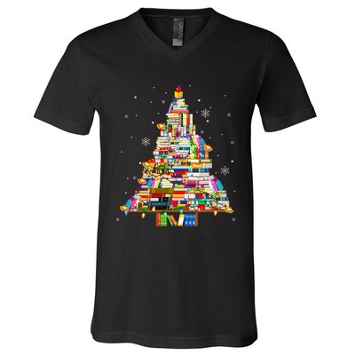 Christmas Library Tree Lights For Librarian And Book Lover V-Neck T-Shirt