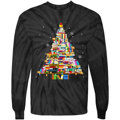 Christmas Library Tree Lights For Librarian And Book Lover Tie-Dye Long Sleeve Shirt