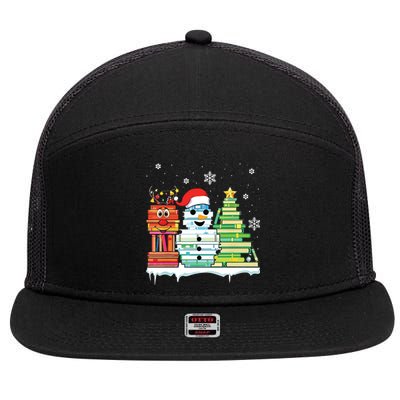 Christmas Library Tree Snoman Merry Bookmas Book Lover Xmas 7 Panel Mesh Trucker Snapback Hat