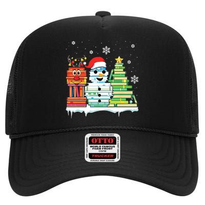 Christmas Library Tree Snoman Merry Bookmas Book Lover Xmas High Crown Mesh Back Trucker Hat