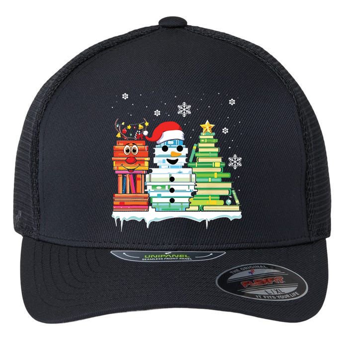 Christmas Library Tree Snoman Merry Bookmas Book Lover Xmas Flexfit Unipanel Trucker Cap