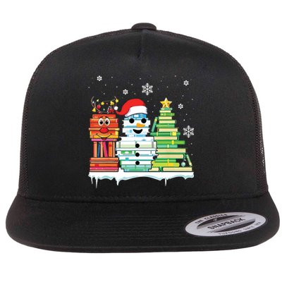 Christmas Library Tree Snoman Merry Bookmas Book Lover Xmas Flat Bill Trucker Hat