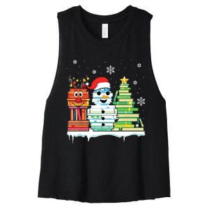 Christmas Library Tree Snoman Merry Bookmas Book Lover Xmas Women's Racerback Cropped Tank