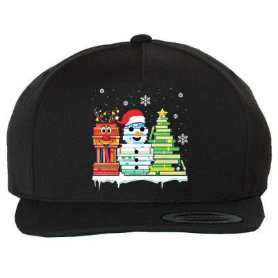 Christmas Library Tree Snoman Merry Bookmas Book Lover Xmas Wool Snapback Cap