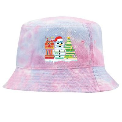 Christmas Library Tree Snoman Merry Bookmas Book Lover Xmas Tie-Dyed Bucket Hat