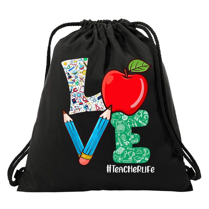 Cute Love Teacher Life Back To School Love Teaching Drawstring Bag