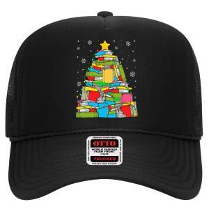 Christmas Library Tree Funny Librarian Book Lover Xmas Light High Crown Mesh Back Trucker Hat