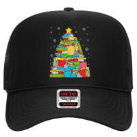 Christmas Library Tree Funny Librarian Book Lover Xmas Light High Crown Mesh Back Trucker Hat