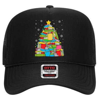 Christmas Library Tree Funny Librarian Book Lover Xmas Light High Crown Mesh Back Trucker Hat