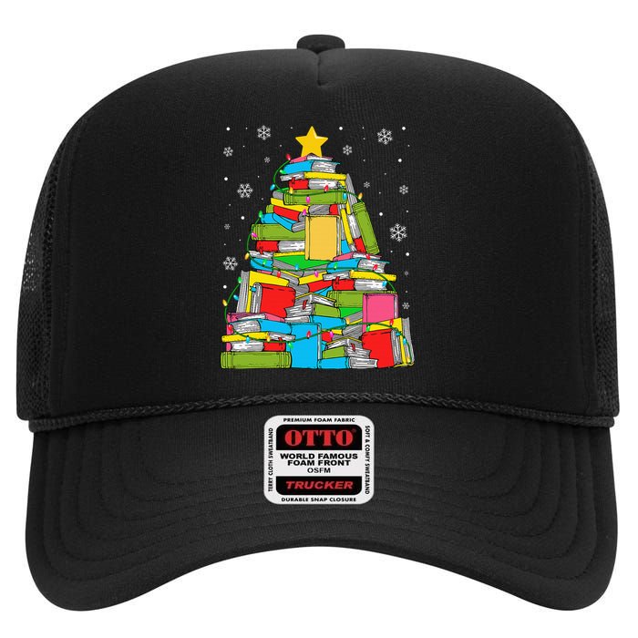 Christmas Library Tree Funny Librarian Book Lover Xmas Light High Crown Mesh Back Trucker Hat