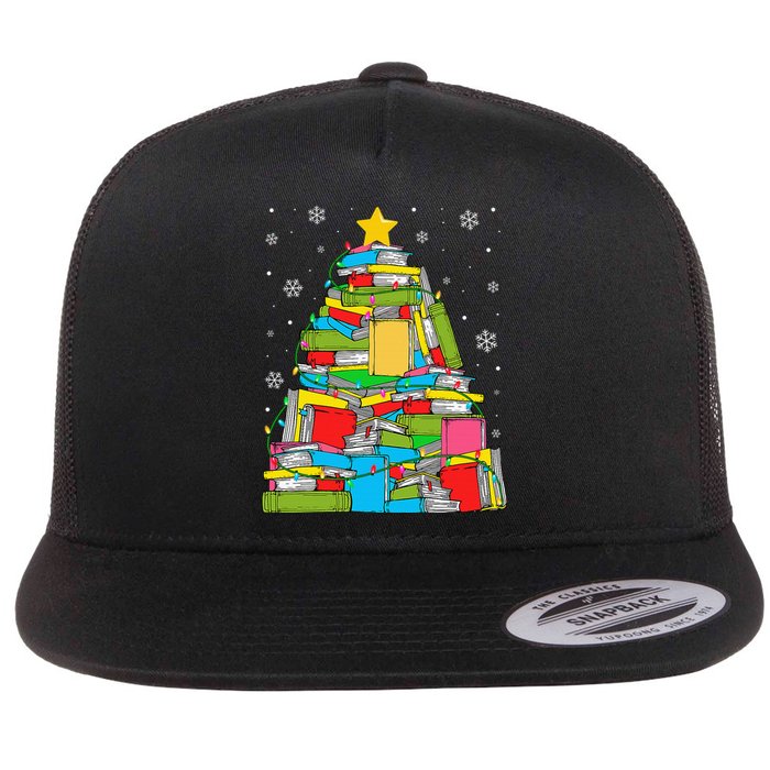 Christmas Library Tree Funny Librarian Book Lover Xmas Light Flat Bill Trucker Hat