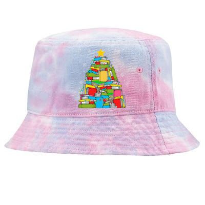 Christmas Library Tree Funny Librarian Book Lover Xmas Light Tie-Dyed Bucket Hat