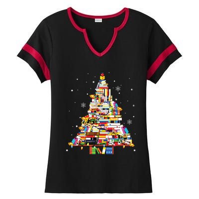 Christmas Library Tree Librarian Book Lover Ladies Halftime Notch Neck Tee