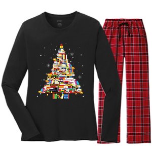 Christmas Library Tree Librarian Book Lover Women's Long Sleeve Flannel Pajama Set 