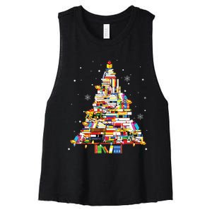 Christmas Library Tree Librarian Book Lover Women's Racerback Cropped Tank