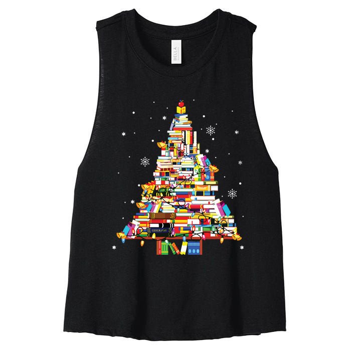 Christmas Library Tree Librarian Book Lover Women's Racerback Cropped Tank