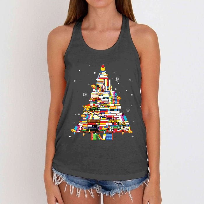 Christmas Library Tree Librarian Book Lover Women's Knotted Racerback Tank