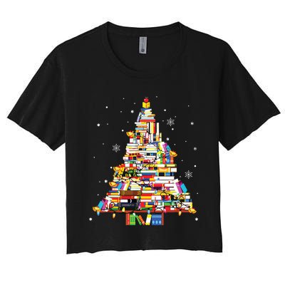 Christmas Library Tree Librarian Book Lover Women's Crop Top Tee