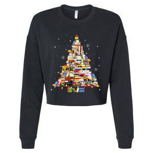 Christmas Library Tree Librarian Book Lover Cropped Pullover Crew