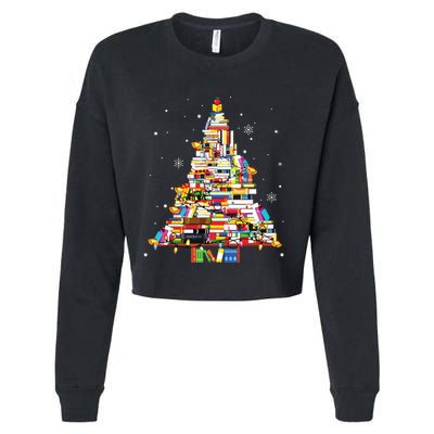 Christmas Library Tree Librarian Book Lover Cropped Pullover Crew