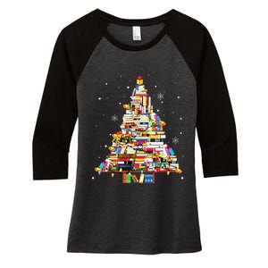 Christmas Library Tree Librarian Book Lover Women's Tri-Blend 3/4-Sleeve Raglan Shirt