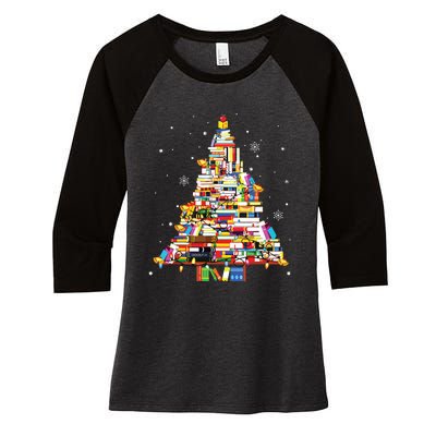 Christmas Library Tree Librarian Book Lover Women's Tri-Blend 3/4-Sleeve Raglan Shirt