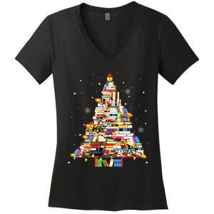 Christmas Library Tree Librarian Book Lover Women's V-Neck T-Shirt