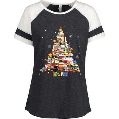 Christmas Library Tree Librarian Book Lover Enza Ladies Jersey Colorblock Tee