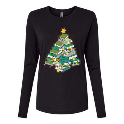 Christmas Library Tree Librarian Book Lover Xmas Womens Cotton Relaxed Long Sleeve T-Shirt