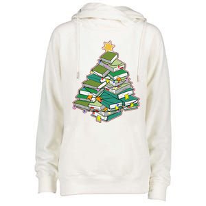 Christmas Library Tree Librarian Book Lover Xmas Womens Funnel Neck Pullover Hood