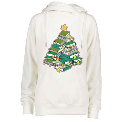 Christmas Library Tree Librarian Book Lover Xmas Womens Funnel Neck Pullover Hood