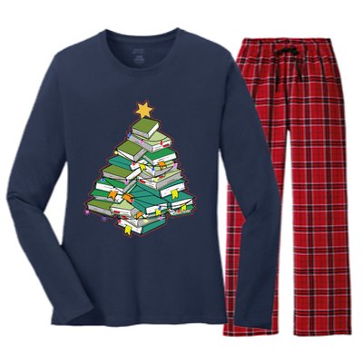 Christmas Library Tree Librarian Book Lover Xmas Women's Long Sleeve Flannel Pajama Set 