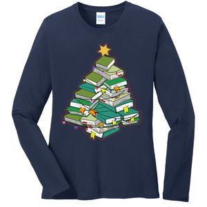 Christmas Library Tree Librarian Book Lover Xmas Ladies Long Sleeve Shirt