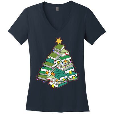 Christmas Library Tree Librarian Book Lover Xmas Women's V-Neck T-Shirt