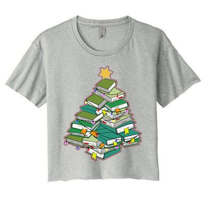 Christmas Library Tree Librarian Book Lover Xmas Women's Crop Top Tee