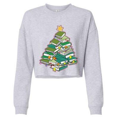 Christmas Library Tree Librarian Book Lover Xmas Cropped Pullover Crew