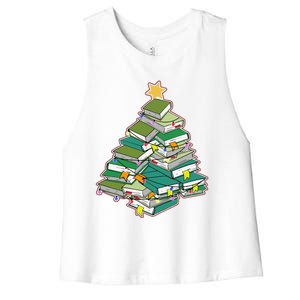 Christmas Library Tree Librarian Book Lover Xmas Women's Racerback Cropped Tank