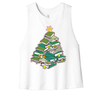 Christmas Library Tree Librarian Book Lover Xmas Women's Racerback Cropped Tank