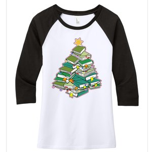 Christmas Library Tree Librarian Book Lover Xmas Women's Tri-Blend 3/4-Sleeve Raglan Shirt