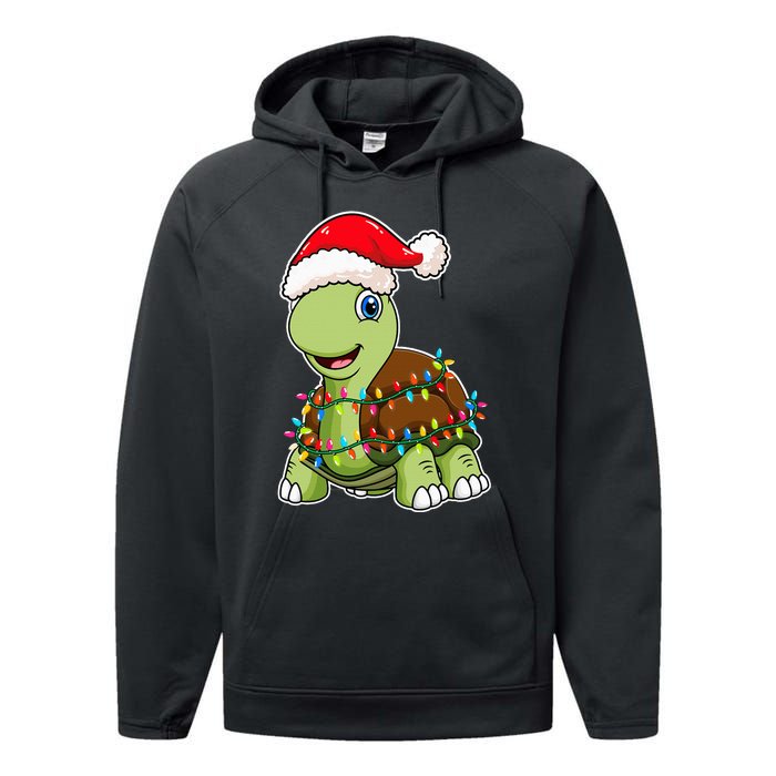 Christmas Lights Turtle Wearing Xmas Hat Sea Turtle Lover Performance Fleece Hoodie